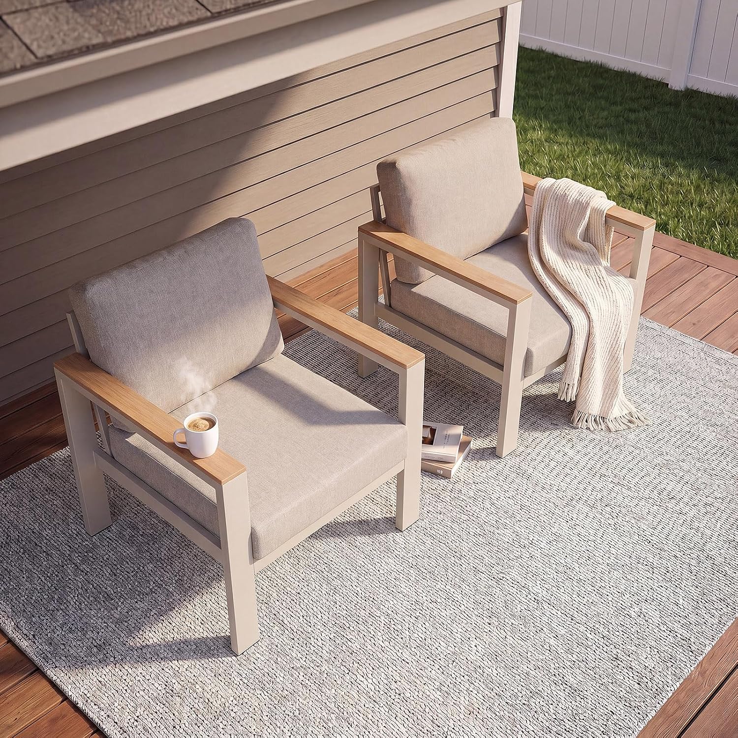 2PC Single Seat Aluminum Patio Chairs, Outdoor Furniture with 1.5mm Thick Powder-Coated Frame, Water Repellent Removable Cushions, Lightweight Single Chairs for Balcony Porch Backyard