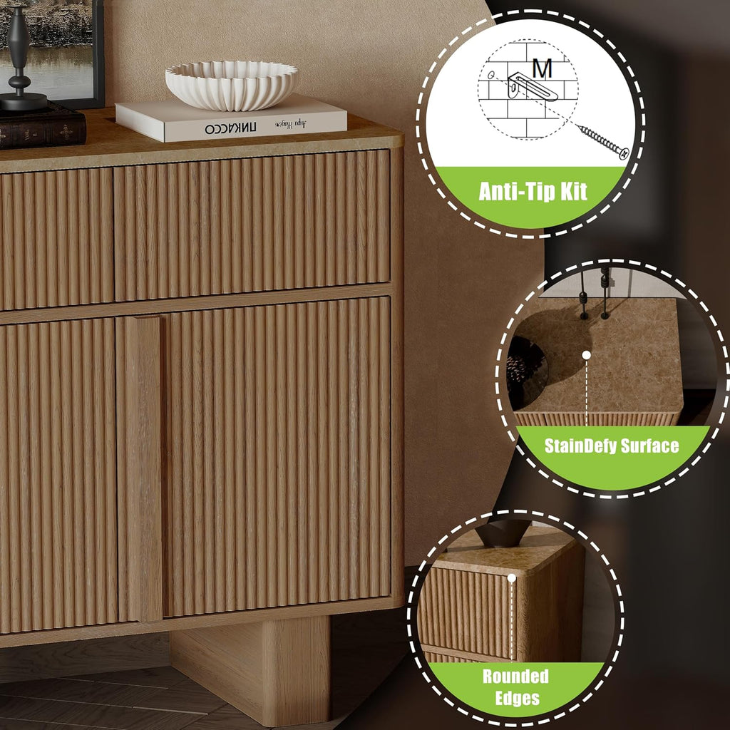 47" Wide Sideboard Buffet Cabinet with Storage, Modern Buffet with 3 Drawers and 3 Doors, Storage Cabinet with 2 Reinforced Legs for Kitchen, Living Room, Natural Oak