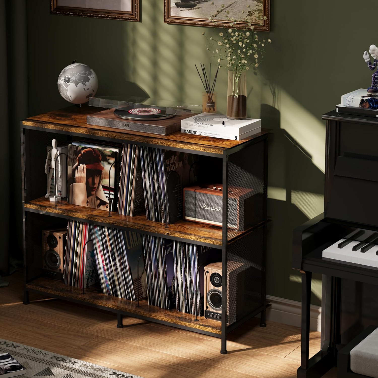 3-Tier Vinyl Record Storage: Vintage Player Table with Spacious Storage - Up to 450 Records, Turntable Stand with Adjustable Dividers, Extra Top Surface for Audio Equipment, Perfect for Living Room