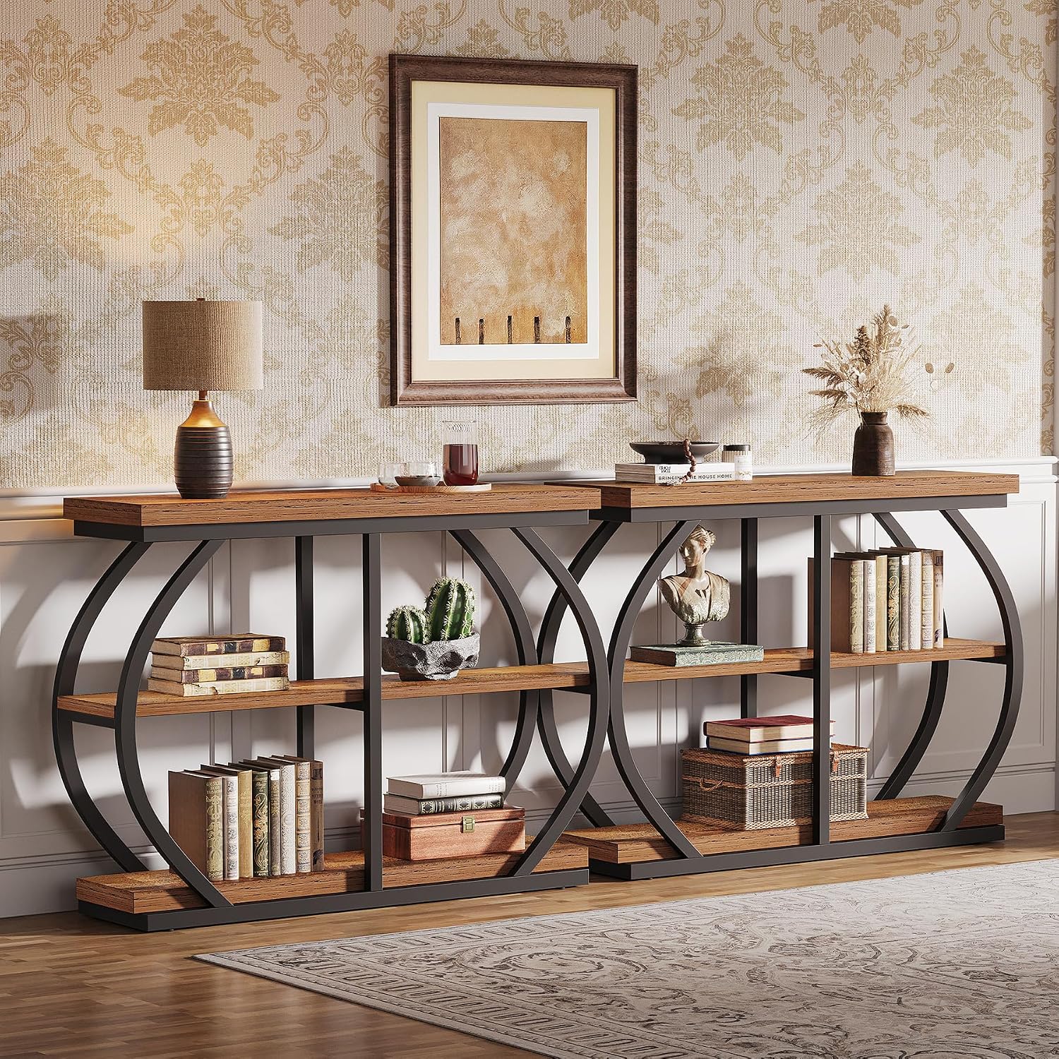 Tribesigns 41.3" Console Table, Industrial 3-Tier Entryway Table with Arched Metal Frame and Storage Shelves for Living Room, Hallway, Mix Brown