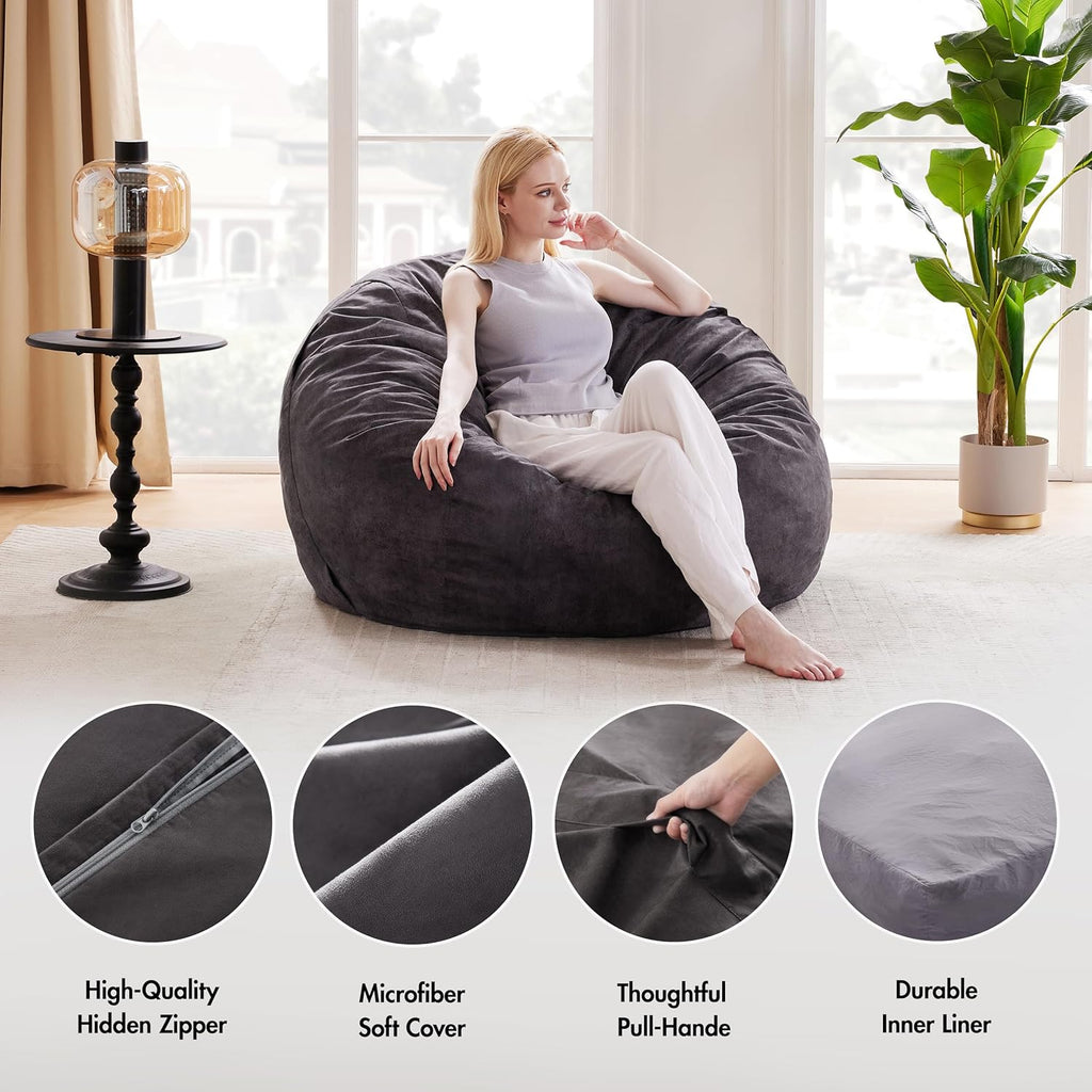 Giant Bean Bag Chair Bed for Adults, Convertible Beanbag Chairs to Floor Mattress, Large Bean Bag Lazy Chair with High-Density Foam Filling, Bean Bag Couch Sofa Bed Machine Washable, Dark Grey