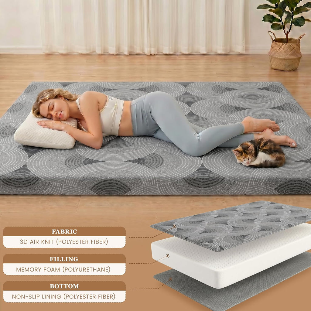 Japanese Floor Mattress, 3.5" Thicken Futon Mattress Tatami Mat with Non-Slip Bottom,Removable Washable Cover,Foldable Mattress Tatami Mat Sleeping Pad,Grey Geometric,Full（80’‘x48''