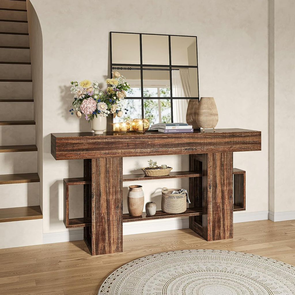 Feonase 63 Inches Long Console Table for Entryway, Wood Sofa Table Behind Couch with 3-Tier Storage, Narrow Entry Hallway Table for Living Room Entrance Foyer, Rustic Brown