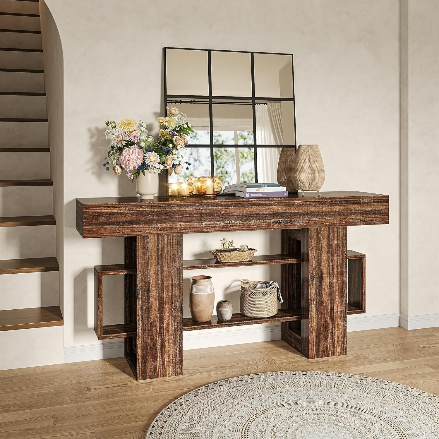 Feonase 63 Inches Long Console Table for Entryway, Wood Sofa Table Behind Couch with 3-Tier Storage, Narrow Entry Hallway Table for Living Room Entrance Foyer, Rustic Brown