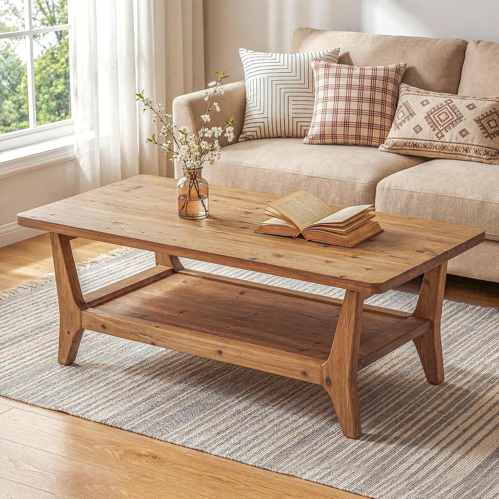 LITTLE TREE Solid Wood Coffee Table, 47-Inch Living Room Center Table with Shelf, 2-Tier, Smooth Corners, Lightweight, Easy Assembly, 23.6" D x 47.2" W, Warm Cedar Brown Finish