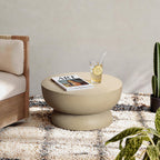 Round End Table, Modern Concrete Side Table with Sculptural Pedestal Base, Low Profile Accent Table for Living Room Bedroom Patio, 23.8" Beige