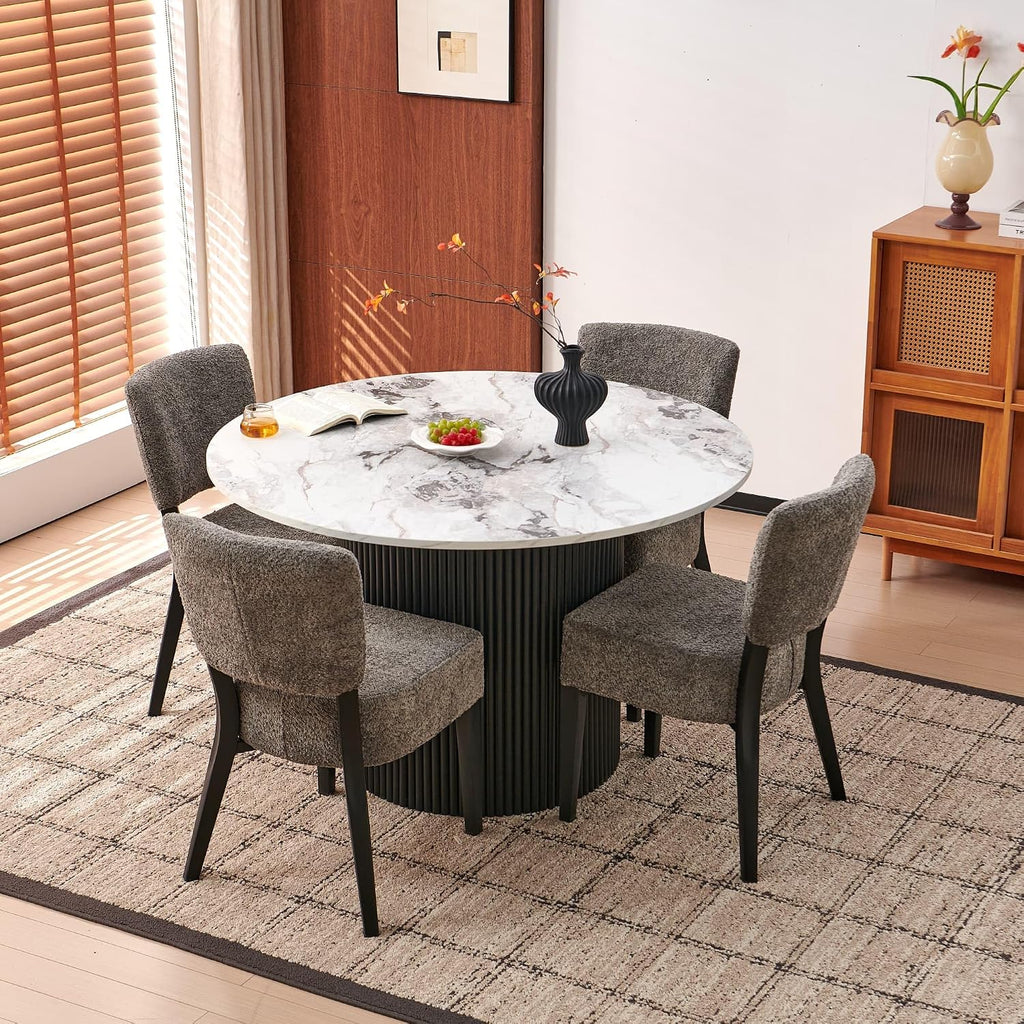 47" Rustic Round Dining Table for 4-6, Industrial Circle Kitchen Dinner Table, Two-Part Faux White Marble Grain Tabletop & Engineered Wood Pedestal Base for Kitchen Living Room Office