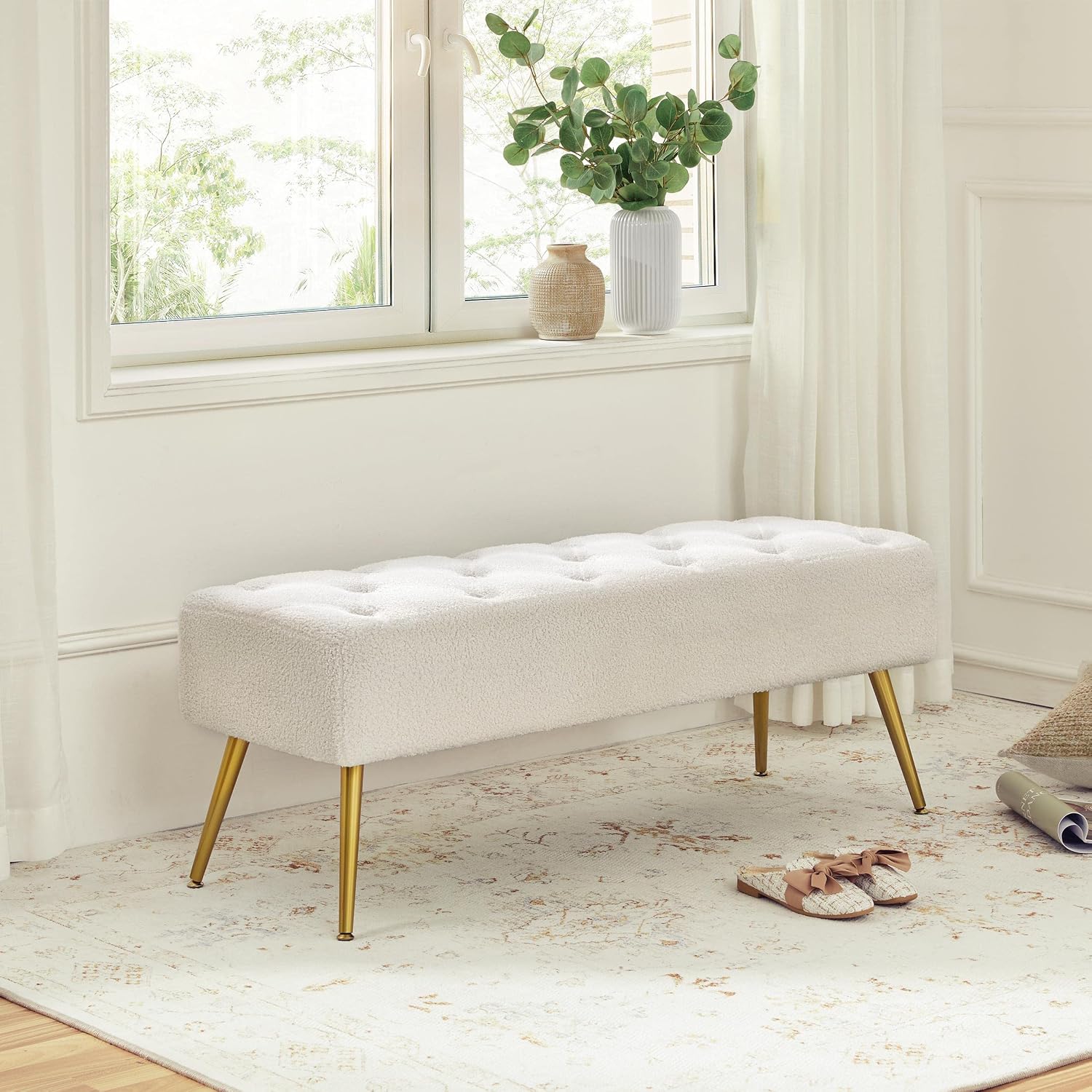 Topeakmart Dining Bench, Button-Tufted Upholstered Bench with Gold Metal Base for Kitchen, Living Room, Entryway - Ivory