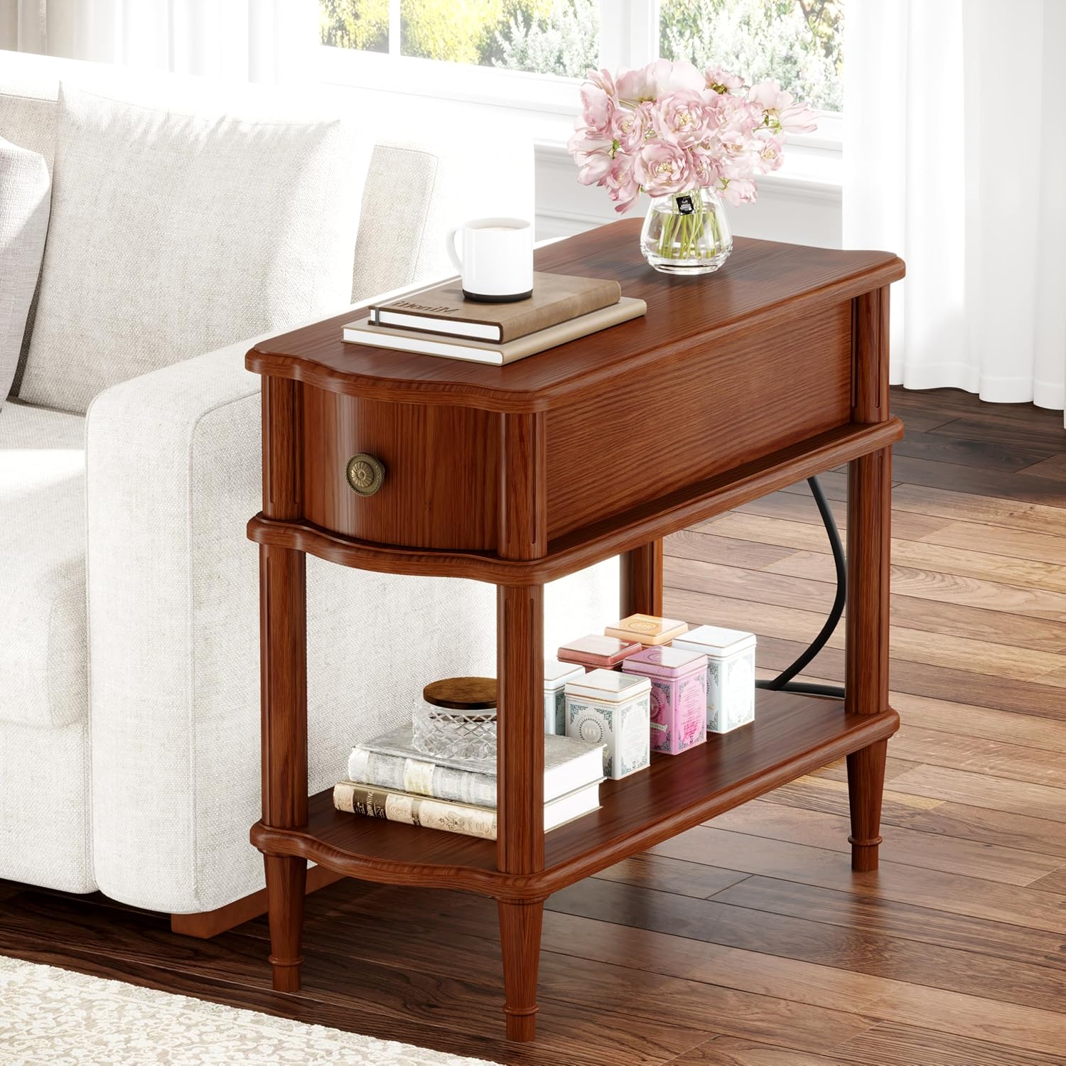 Nightstand with Charging Station & Drawer, Pre-Assembled Vintage Side Table with Shelf, Rustic Wood Finish Narrow End Table with Turned Legs for Bedroom Living Room, Caramel Walnut Brown, 1Pc