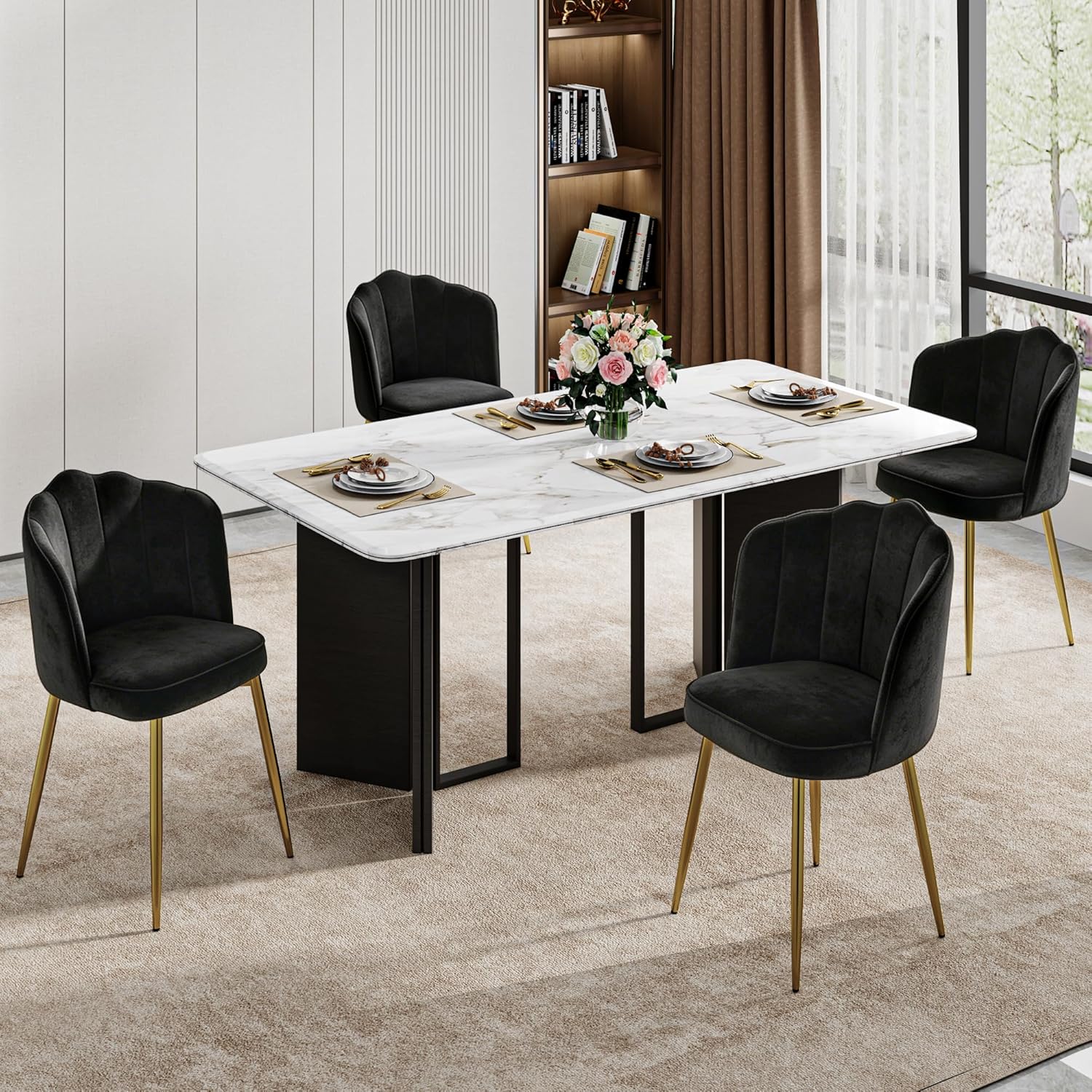 VECELO Velvet Dining Chairs Set of 4, Modern Upholstered Kitchen Chairs with Thick Cushions, Curved Padded Backrest and Metal Legs, for Kitchen, Dining Room, Living Room, Black