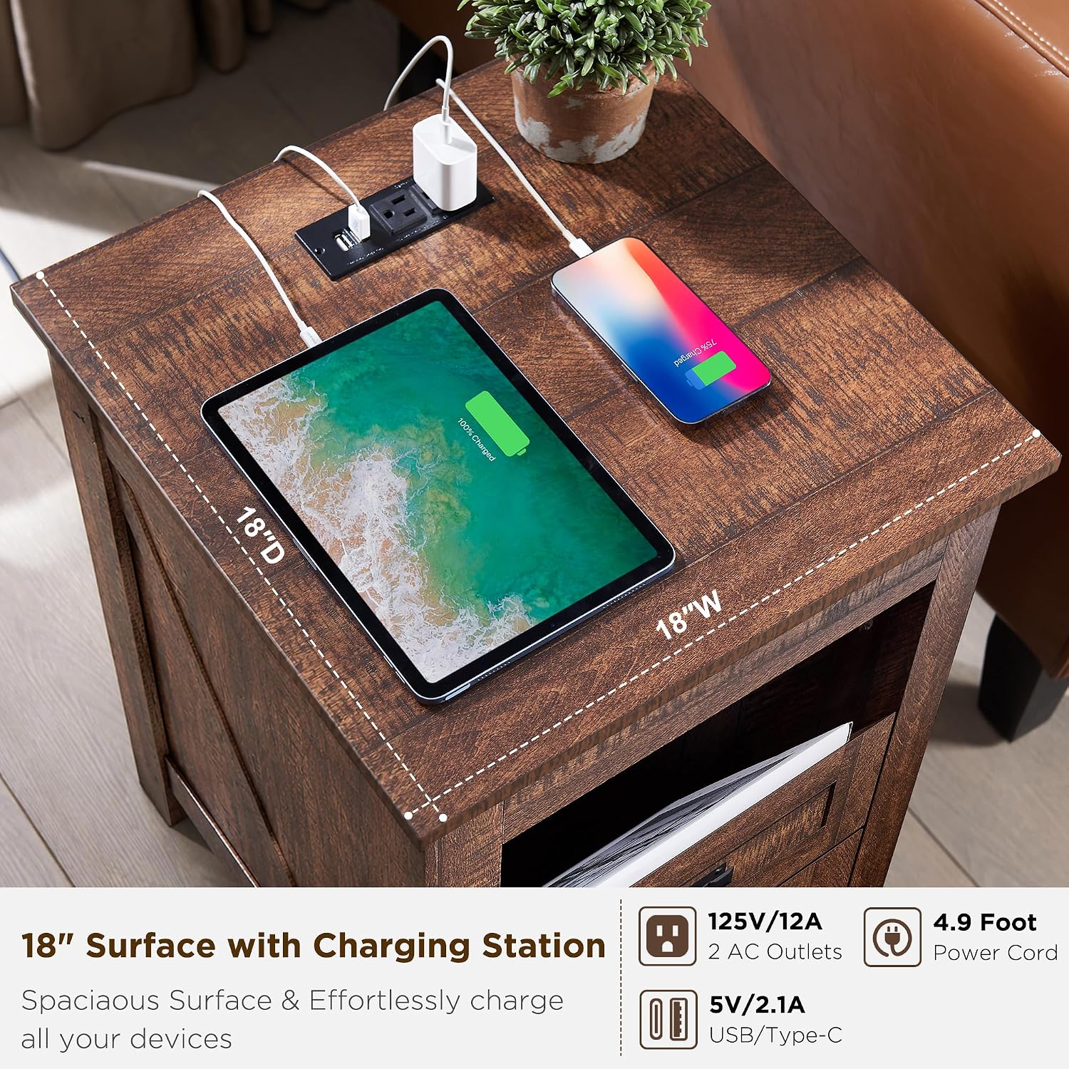 T4TREAM 18" Farmhouse Nightstand Set of 2, Reclaimed Barnwood | Charging Station, Rustic End Table, Open Shelf, 2 Drawers, Living Room, Side Table, Wood Bedside Table, Unique Corner Accent
