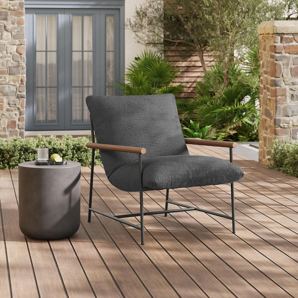 Modway Raya Outdoor Patio Boucle Sling Chair in Charcoal - Comfy Sling Accent Chair - Metal Frame Lounge Chair with Removable Boucle Cushion and Faux Wood Arms for Porch, Deck, Backyard