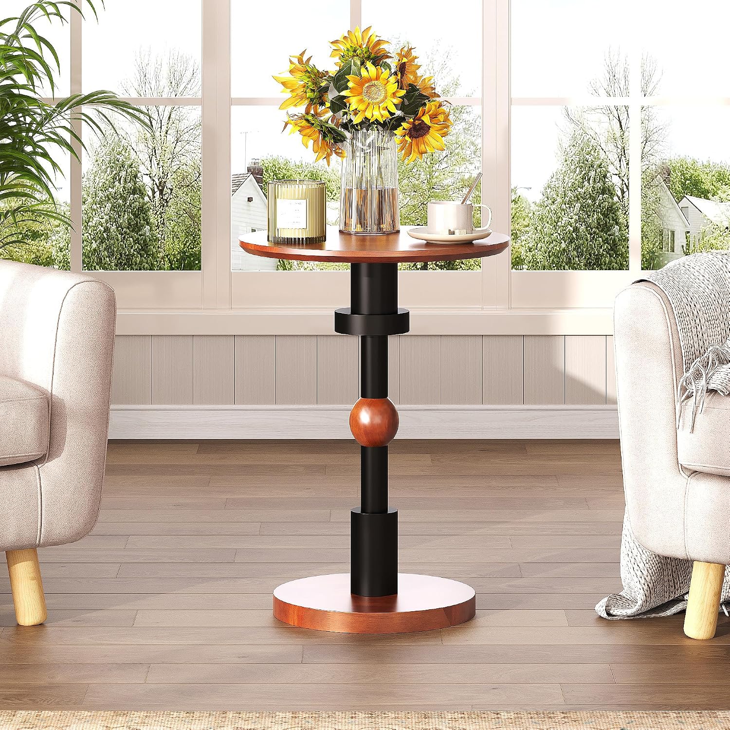 Round End Table, 100% Solid Wood Mid Century Modern Pedestal Side Table, Small Accent Table for Living Room,Bedroom,Balcony, Walnut Finish