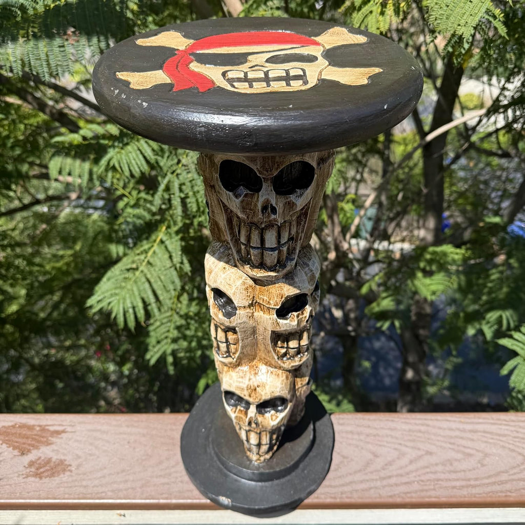 Pirate Skull and Crossbones Side Table, Hand-Carved Wood, 21 Inches Tall, 10-Inch Round Top Set of 2