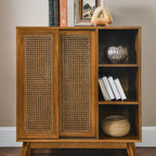 Ball & Cast 32" Mid Century Modern Rattan Sideboard Cabinet with 2 Sliding Doors, Buffet Cabinet w/Adjustable Shelf & Solid Wood Legs for Entryway, Living Room, Kitchen,Dining Room, Light Walnut