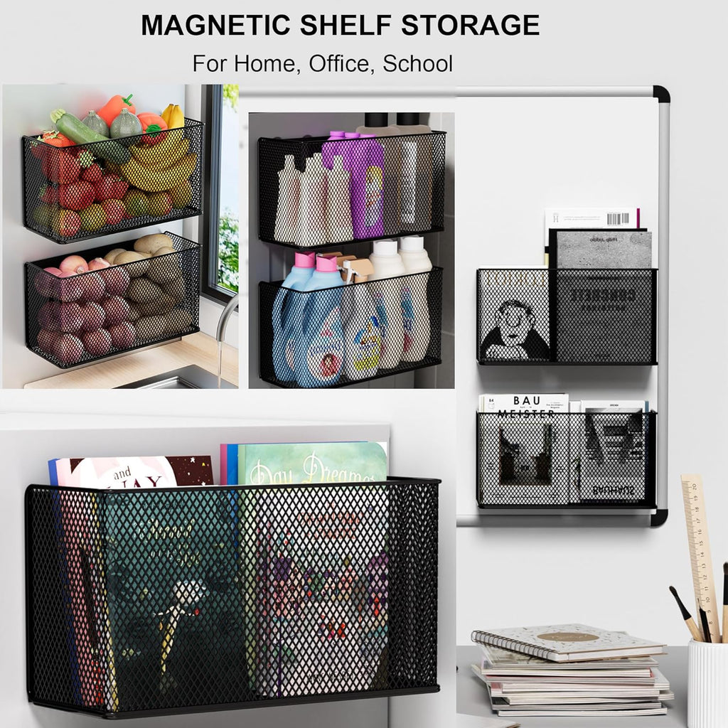 Magnetic Baskets Shelf Bins Organizer Holder Storage Rack Containers for Fridge, Whiteboard, Locker - Home Kitchen Laundry Office School ((1-Pack) Black/XL)