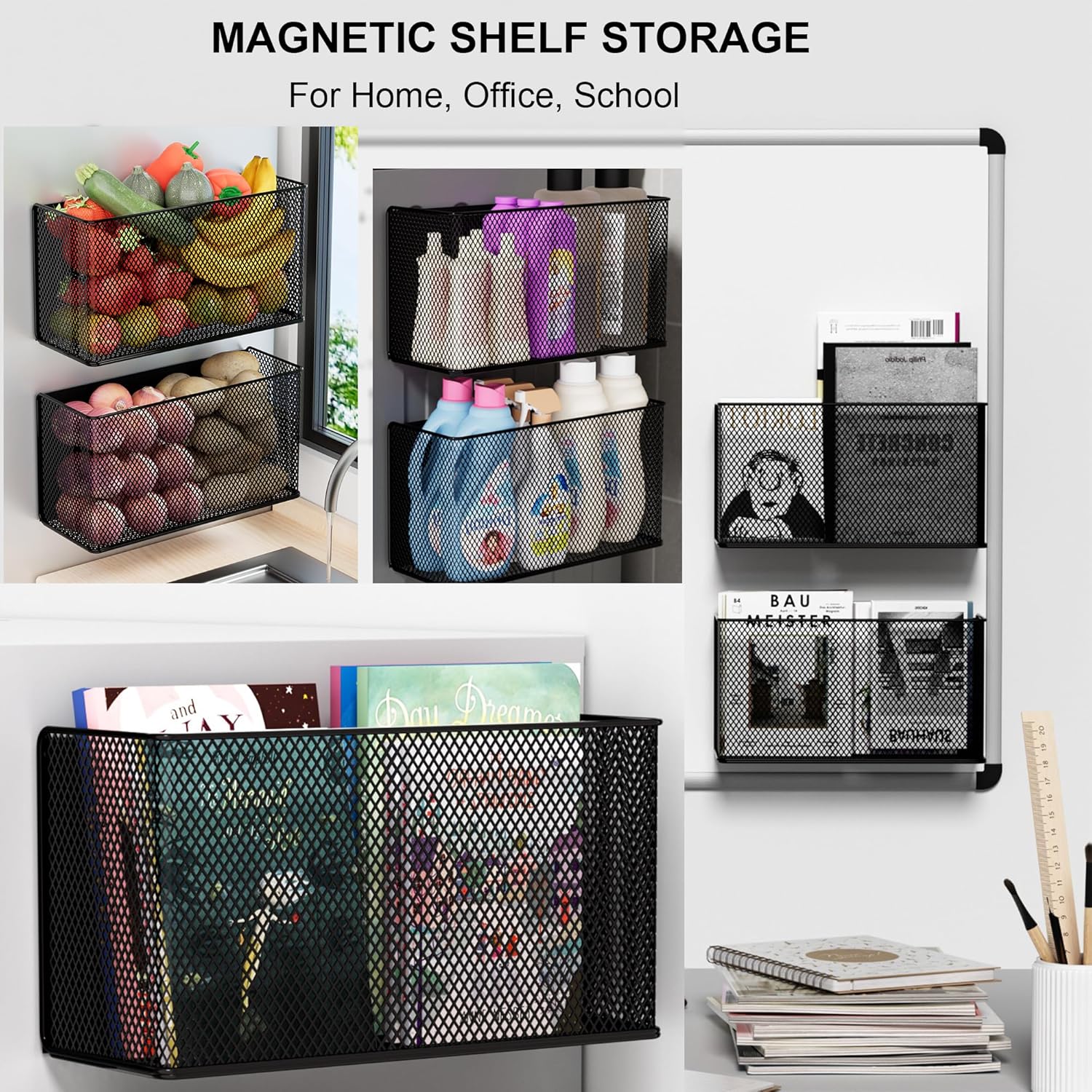 Magnetic Baskets Shelf Bins Organizer Holder Storage Rack Containers for Fridge, Whiteboard, Locker - Home Kitchen Laundry Office School ((1-Pack) Black/XL)