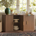 WIN2WIN 63" Fluted Sideboard Buffet Cabinet with Storage, Mid Century Modern Credenza with Faux Marble Top, Curved Corners, Wood Media TV Console Accent Cabinet for Living Room Kitchen Hallway, Walnut
