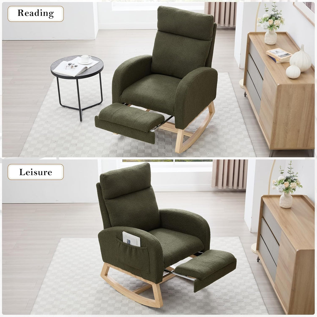 Rocking Chair, Nursery Rocking Chair, Teddy Fabric Rocker, Adjustable Footrest, Headrest, Side Pocket, Solid Wood Base, 15 Degree, Green