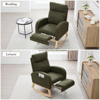 Rocking Chair, Nursery Rocking Chair, Teddy Fabric Rocker, Adjustable Footrest, Headrest, Side Pocket, Solid Wood Base, 15 Degree, Green
