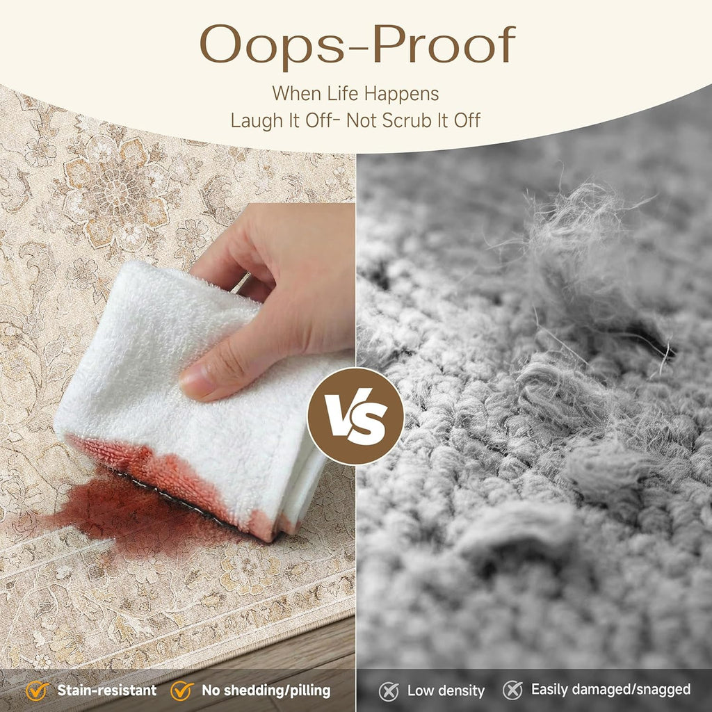 2x8 Beige Washable Runner Rug for Hallway Kitchen Soft Low Pile Lightweight Runner Rug Non Slip Vintage Accent Carpet Bathroom Front Door Beside Bed Home Decor