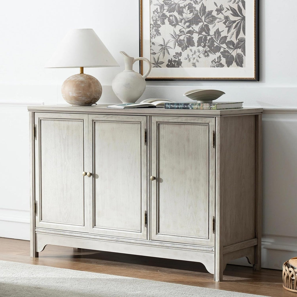 Chogori Solid Wood Buffet Cabinet Sideboard with Hand-Rubbed Finish, Gold-Toned Hardware & Adjustable Shelves Holds 75lbs, 47.24″ L for Kitchen Dining Living Room Entryway, 1PCS, Gray