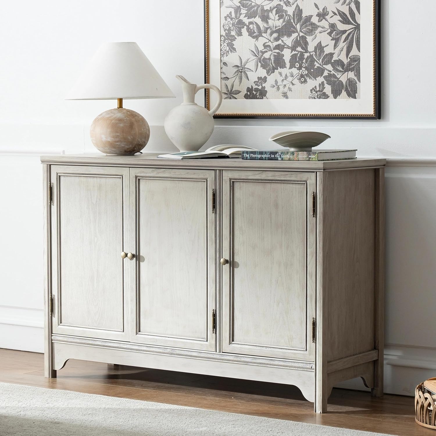 Chogori Solid Wood Buffet Cabinet Sideboard with Hand-Rubbed Finish, Gold-Toned Hardware & Adjustable Shelves Holds 75lbs, 47.24″ L for Kitchen Dining Living Room Entryway, 1PCS, Gray