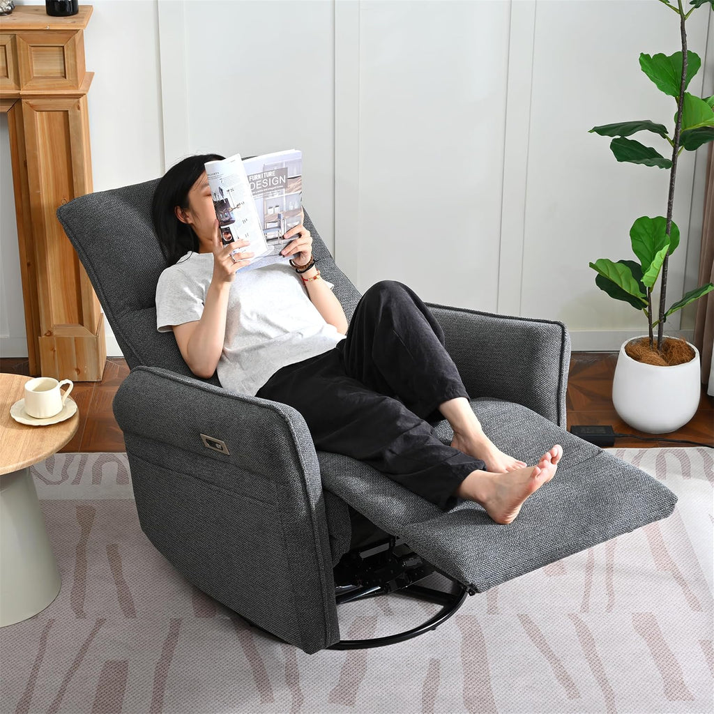 270° Power Swivel Rocker Recliner Chair, Rocking Chair Nursery, Electric Recliners for Small Spaces, Single Sofa Recliner for Living Room, Bedroom, RV (Fabric, Dark Gray+270°Swivel)