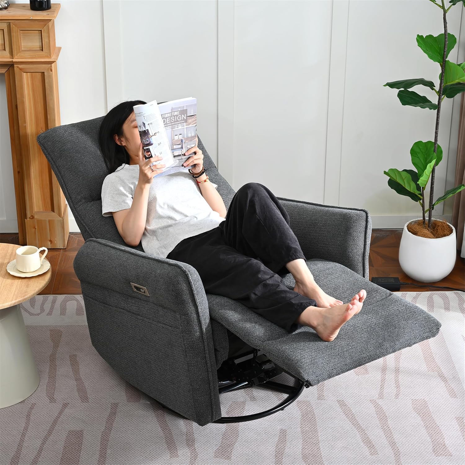270° Power Swivel Rocker Recliner Chair, Rocking Chair Nursery, Electric Recliners for Small Spaces, Single Sofa Recliner for Living Room, Bedroom, RV (Fabric, Dark Gray+270°Swivel)