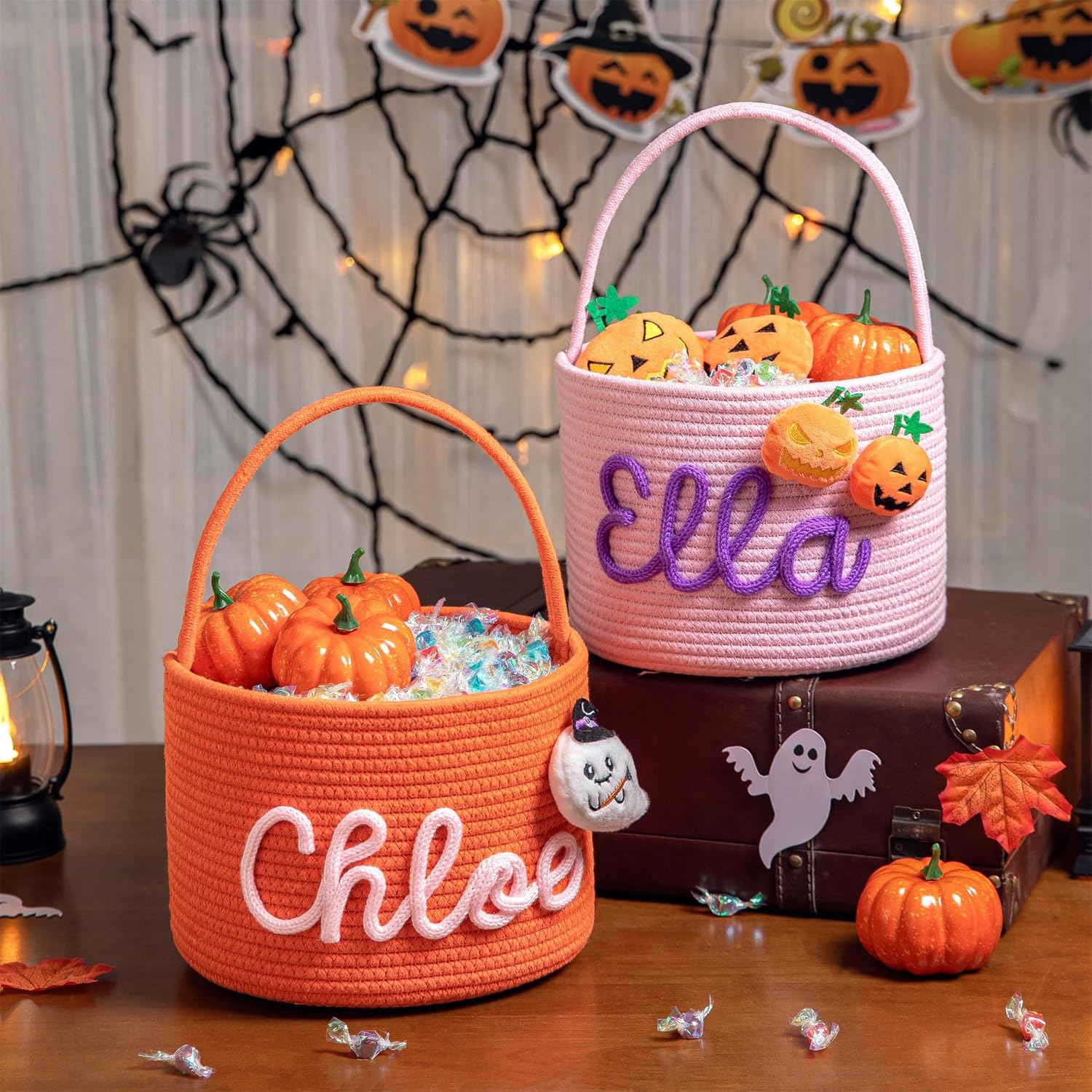 FKOG Halloween Candy Basket, Custom Cotton Rope Storage Bin with Handle, Personalized Trick or Treat Container, Decorative Pumpkin Design (Orange)