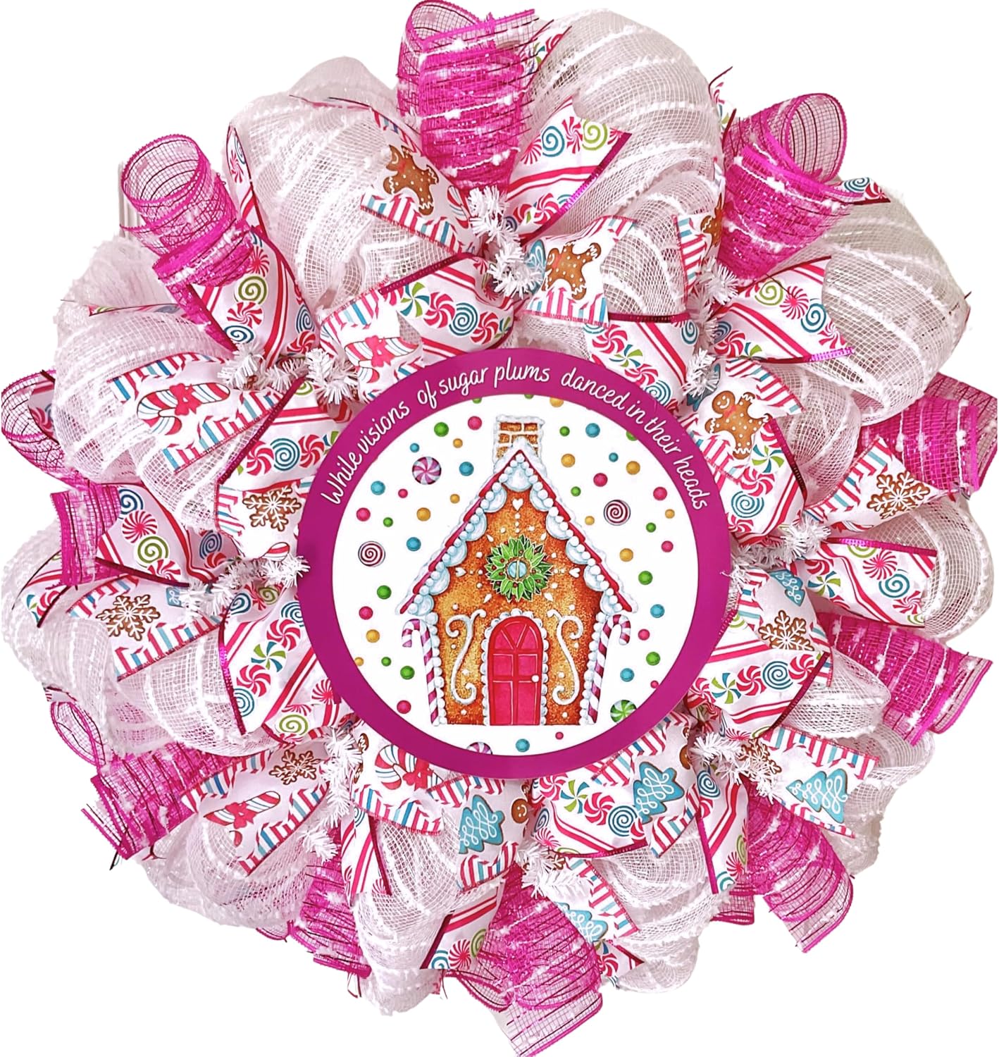 Gingerbread Sugar Plum House Christmas Wreath Handmade Deco Mesh Available in 24 inch and 28 inch diameters