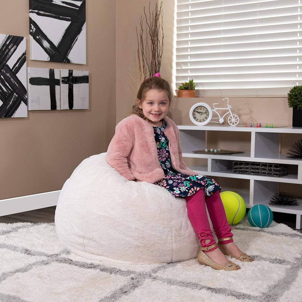 EMMA + OLIVER Small White Furry Bean Bag Chair for Kids and Teens