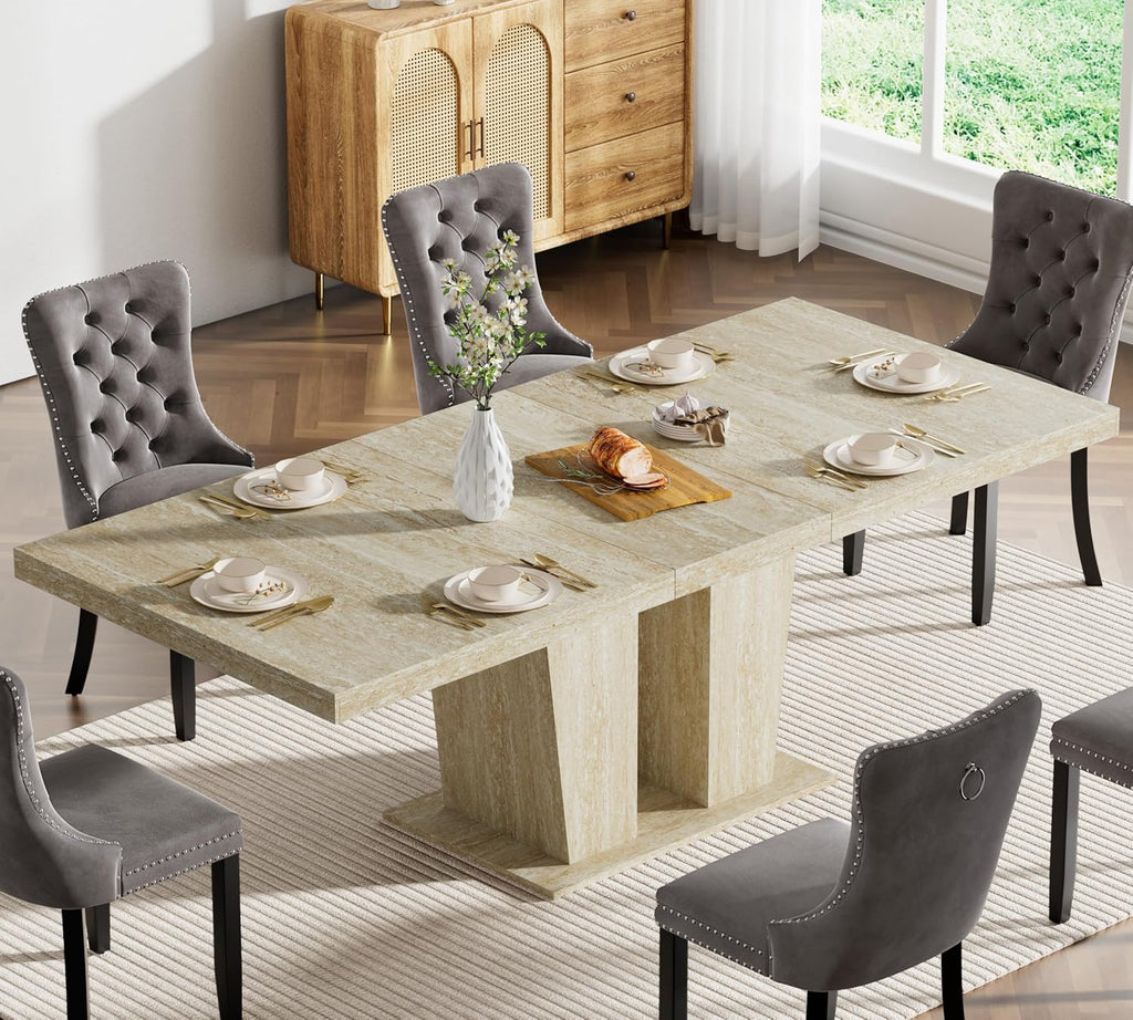 78.74" Rectangular Extendable Dining Room Table for 6 8 10, Modern Faux Travertine Farmhouse Wooden Kitchen Conference Expanding Table with Dual Columns Base, Long Large Expandable, White Oak