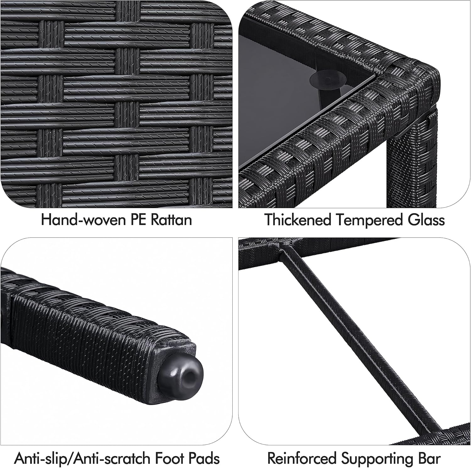 Yaheetech Outdoor Wicker Coffee Side Table with Tempered Glass Top, Black | All-Weather Rattan Patio Storage Furniture for Garden