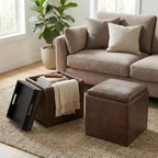 SIMPLIHOME Rockwood Cube Storage Ottoman with Tray - 17 inch Wide Upholstered Vegan Leather Square Storage Ottoman in Aged Brown, Contemporary Cube Ottoman for Living Room with Serving Tray