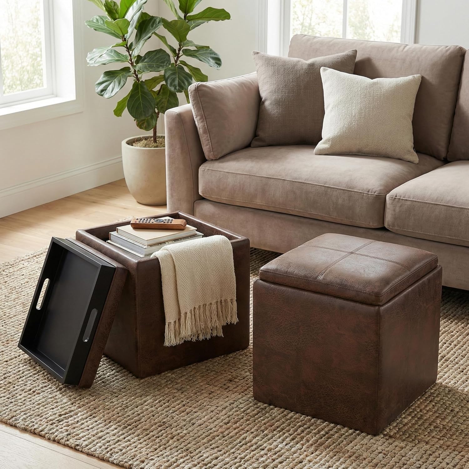 SIMPLIHOME Rockwood Cube Storage Ottoman with Tray - 17 inch Wide Upholstered Vegan Leather Square Storage Ottoman in Aged Brown, Contemporary Cube Ottoman for Living Room with Serving Tray