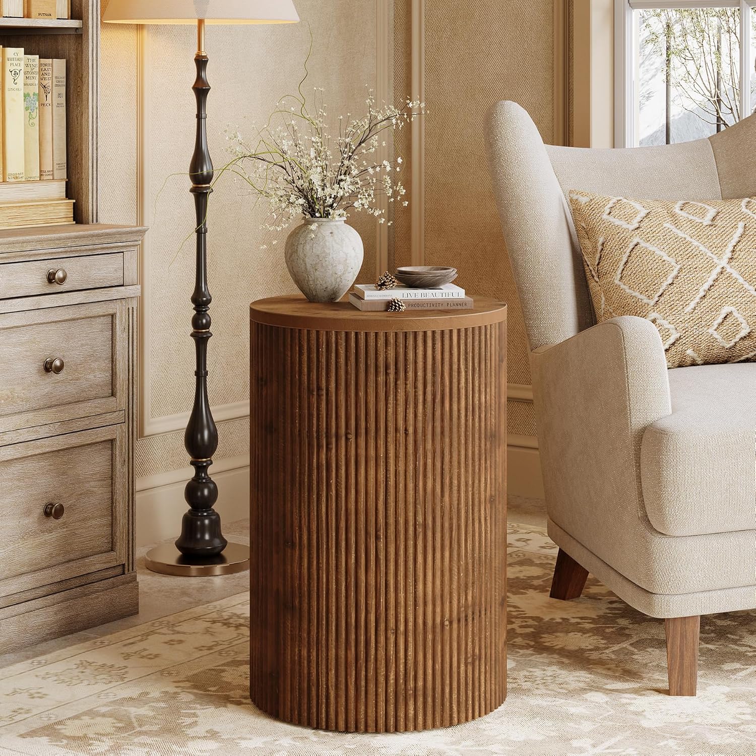 Solid Wood Round Side Table with Storage, No-Assembly Fluted End Table with 4 Wheels, Wooden Nightstand for Small Spaces, Living Room, Bedroom (Fully Assembled)
