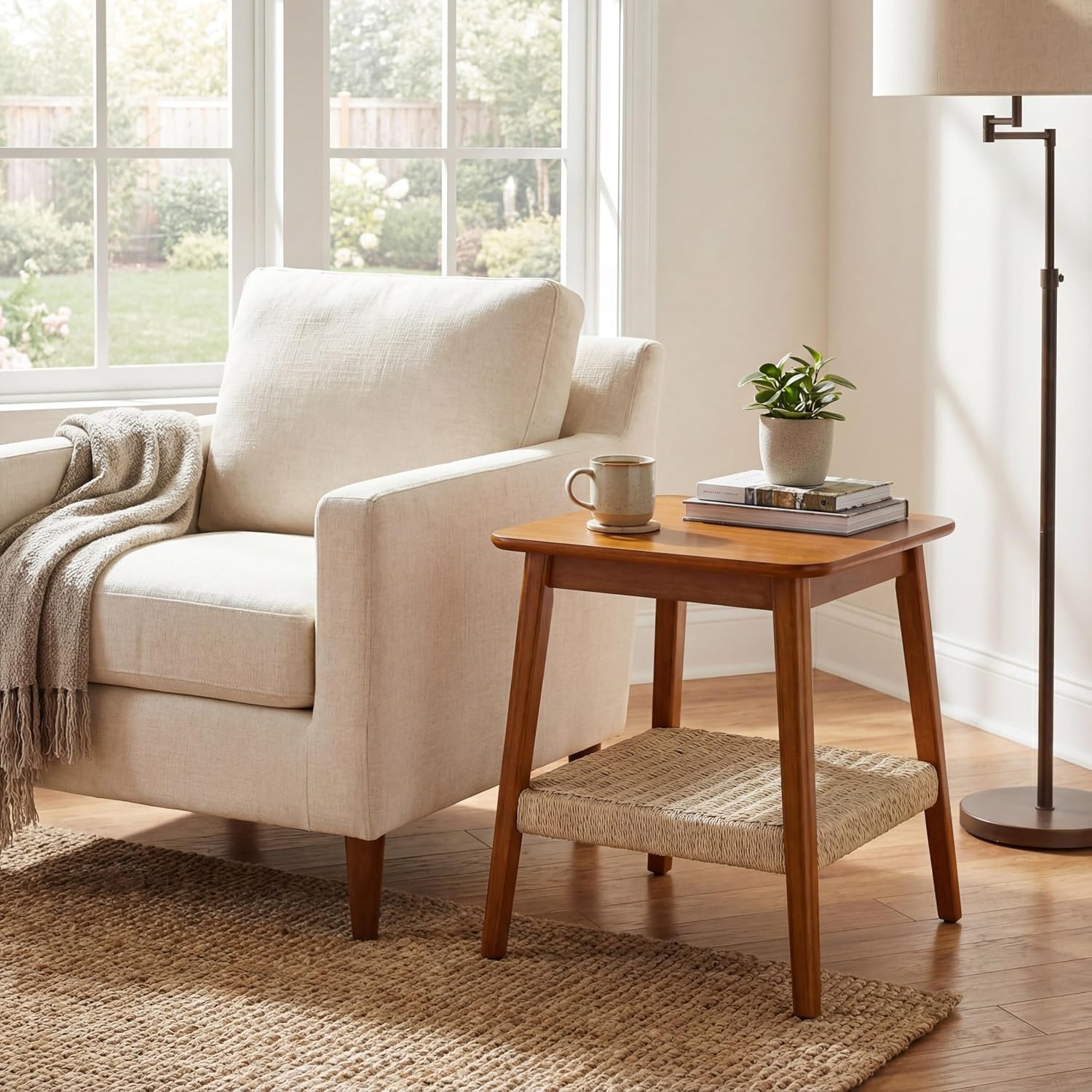 23" Mid-Century Side Table with Woven Shelf, Walnut Finish, Solid Wood and MDF, Storage Bedside Table for Living Room, Bedroom, Patio, Home Office