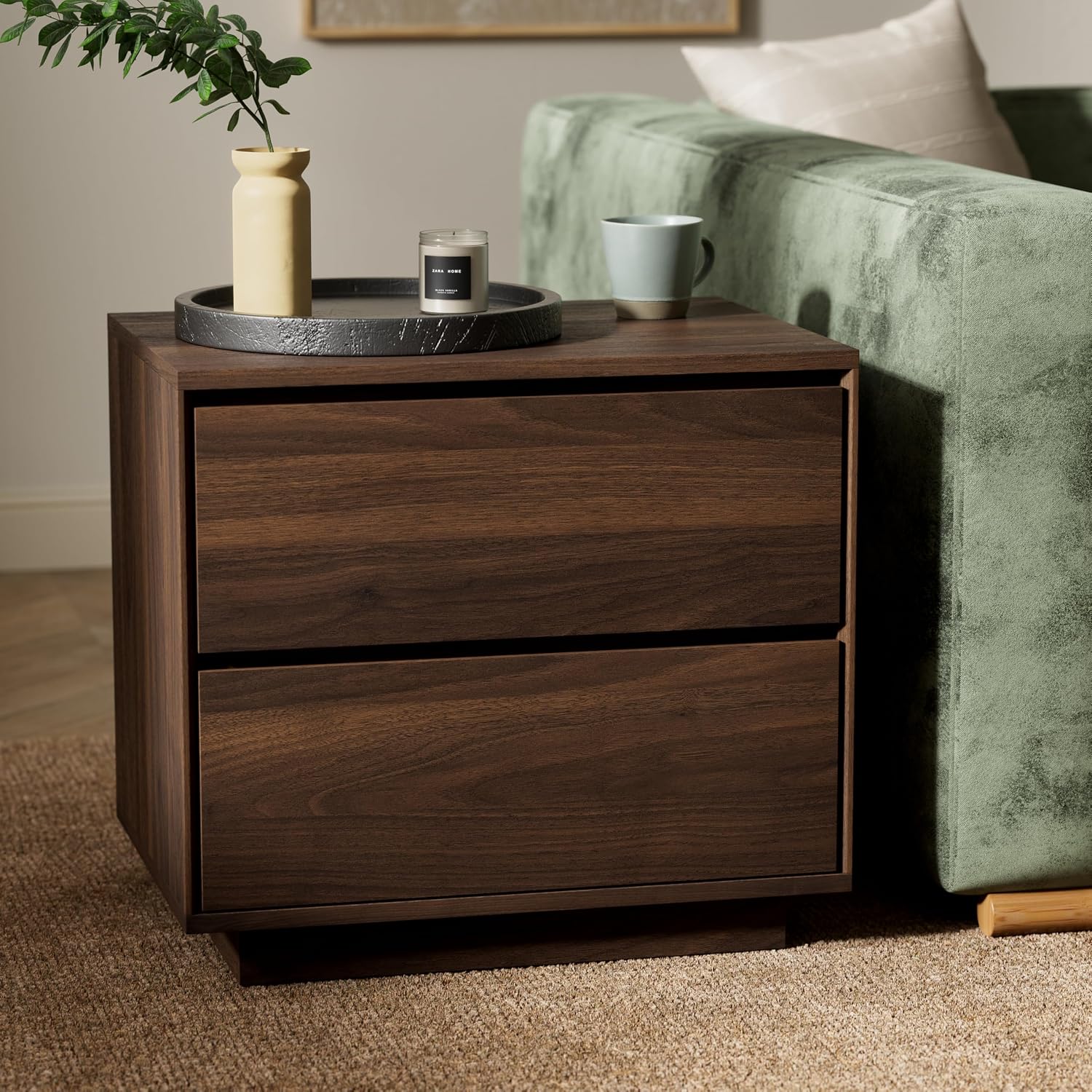 Mid Century Modern End Table with 2 Drawers, Wooden Nightstand Bed Side Table with Storage Bedside Night Stand for Bedroom Living Room Sofa, Brown