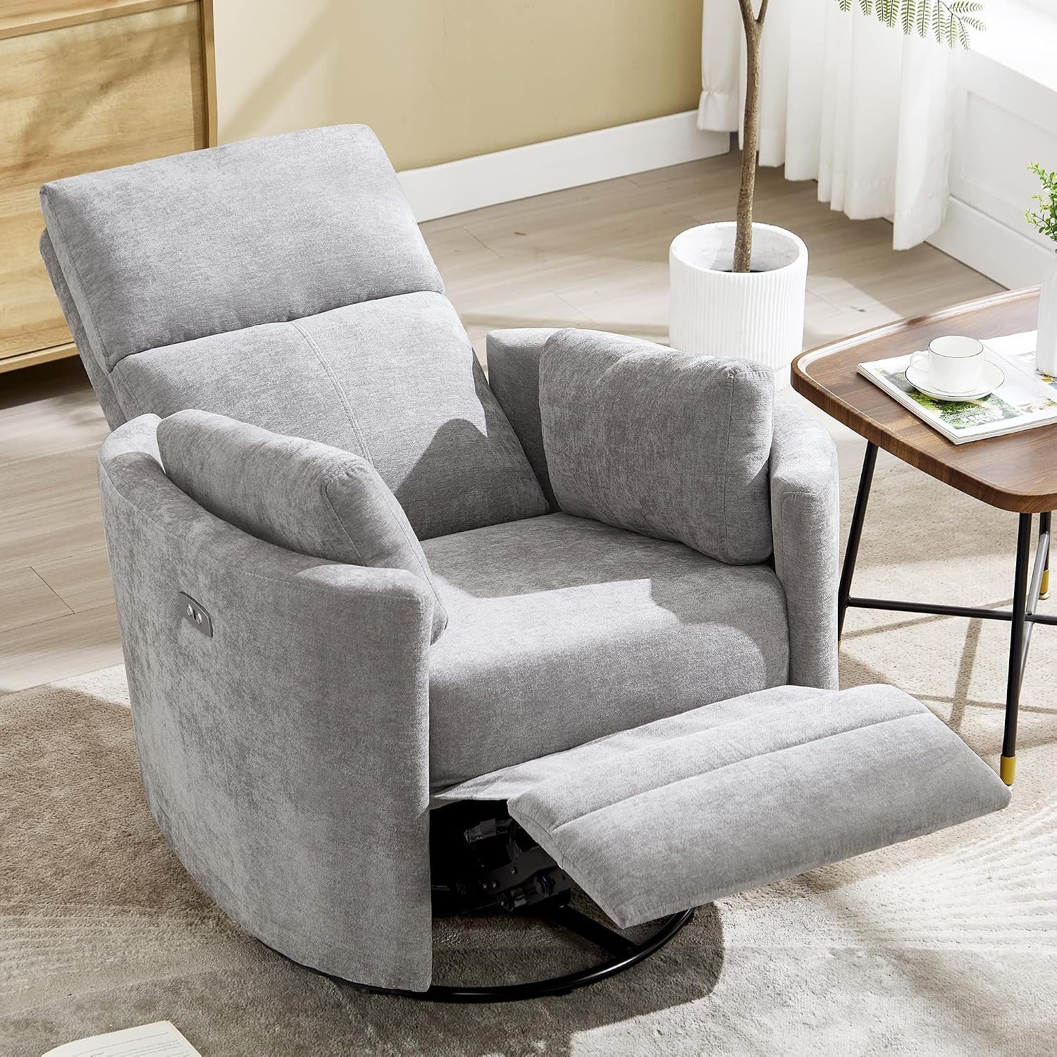 Power Recliner,Nursery Swivel Glider Rocking Chair with USB Port,Upholstered Adult Recliner Nursery Rocker Chair with 2 Pillows for Living Room Bedroom Nursery(Lightgrey, Power-Driven)
