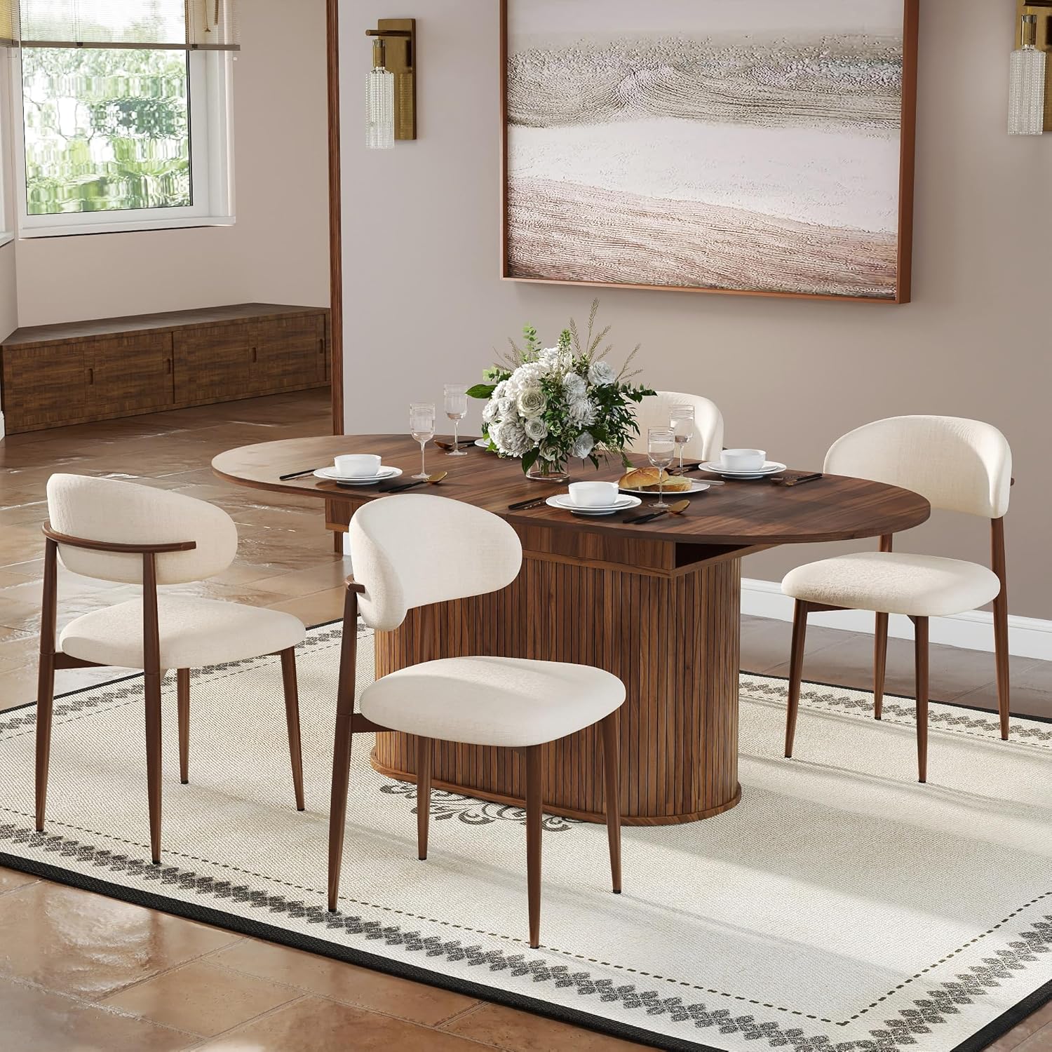 5-Piece Extendable Oval Dining Table Set for 4, 55"-71" Kitchen Table and 4 Beige Linen Chairs with Metal Legs, Wood Dining Room Table with MDF Tabletop&Base, Wulnat