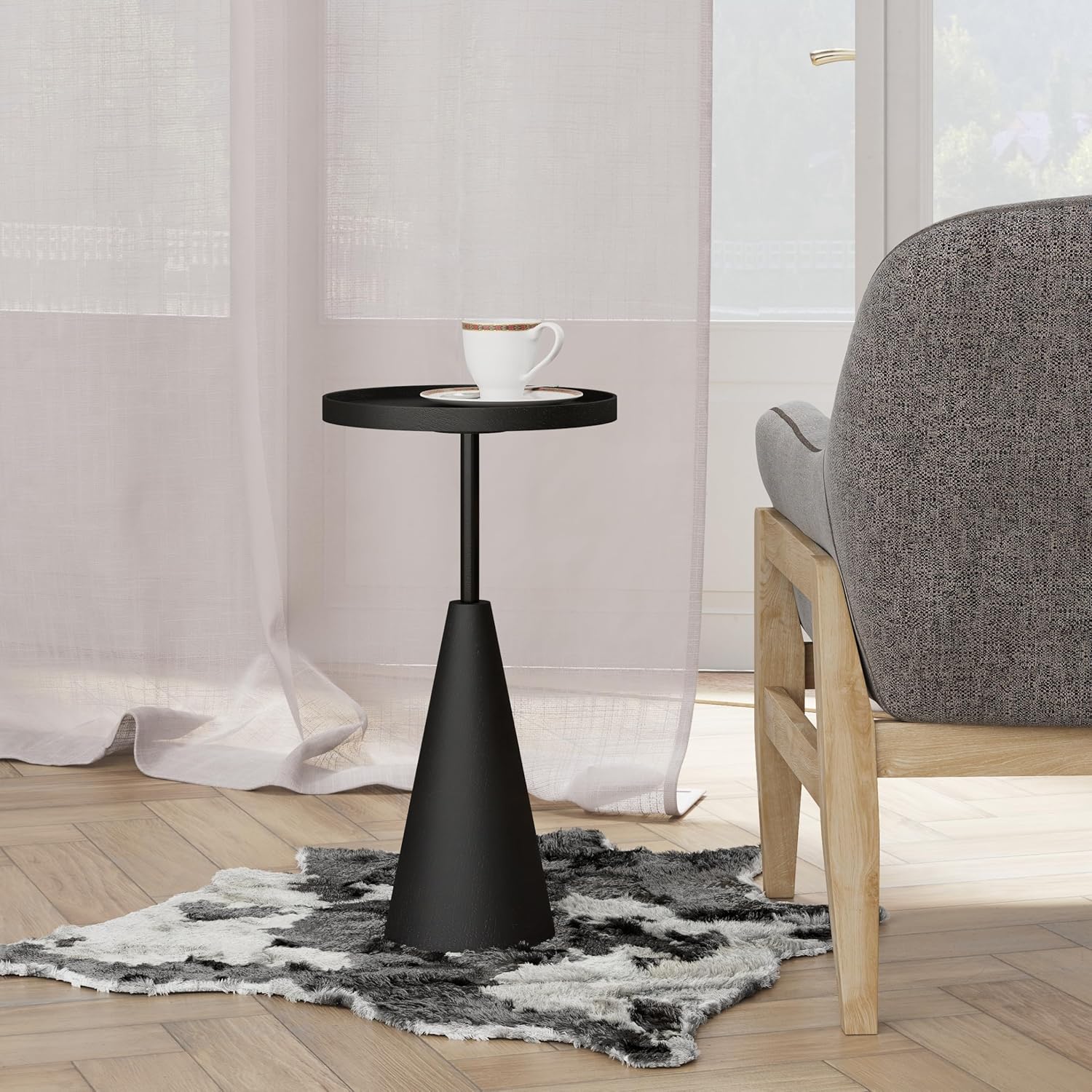 COZAYH Modern Round End Table with Raised Edge Tray Top, Wooden Pedestal Side Table with Rubber Wood Base for Living Room, Entryway, Office (Black)