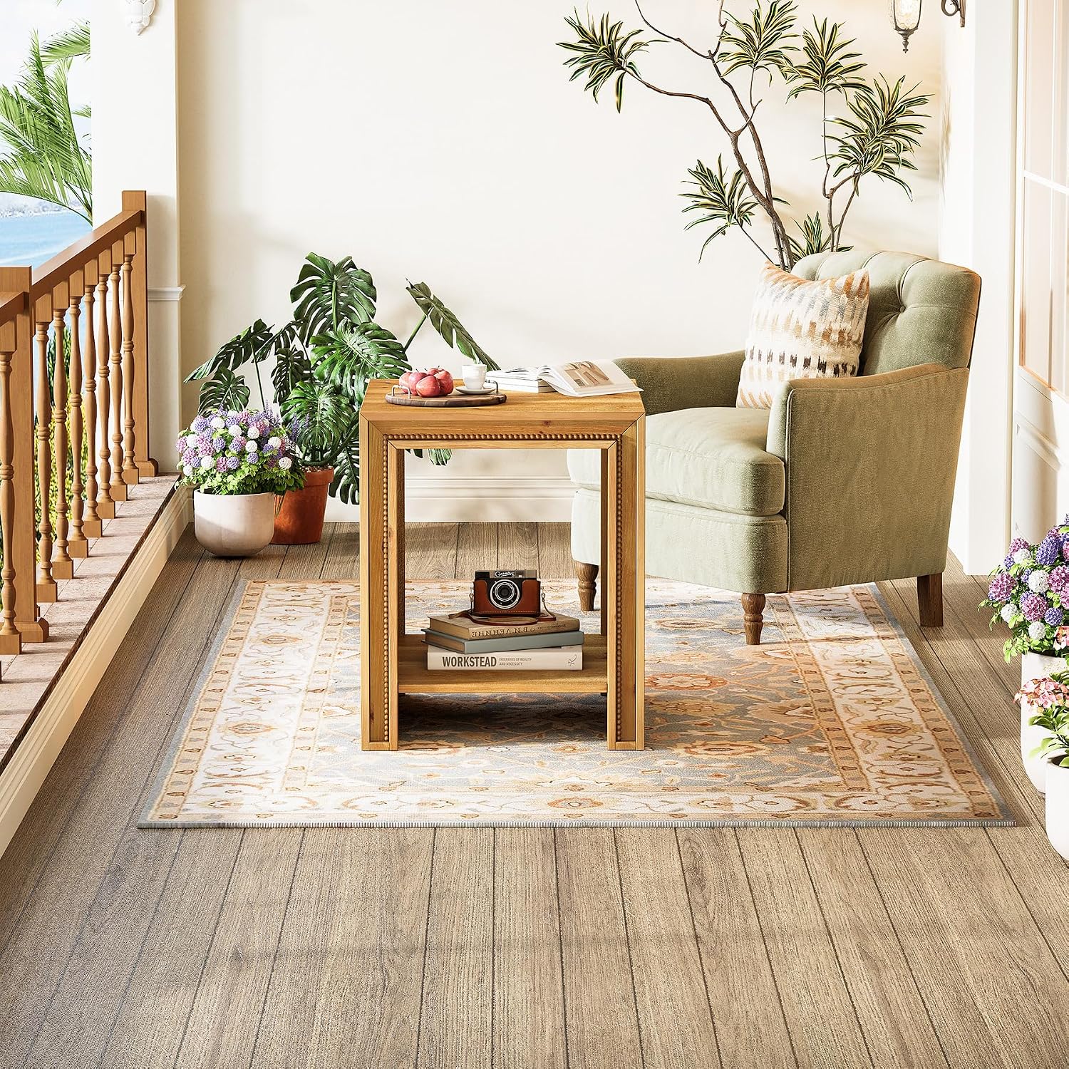 Solid Wood End Table, 2-Tier Farmhouse Side Table with Storage Shelves, Rustic Narrow Nightstand for Small Spaces, Living Room, Bedroom, Warm Brown (1)