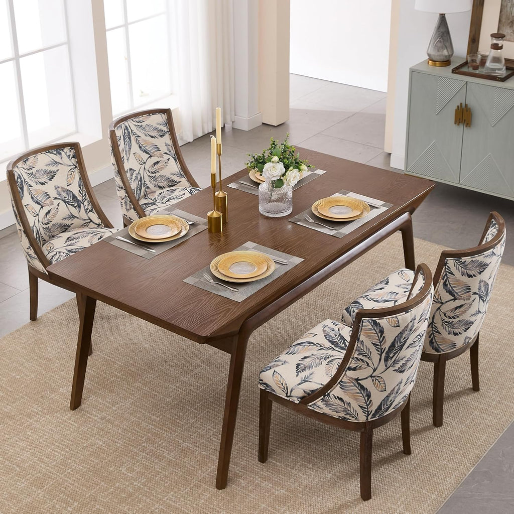 LZAREAL Farmhouse Dining Chairs Set of 2 Upholstered Dining Room Chairs with Curved High Back for Kitchen Restaurant Cafe Home, Walnut Color Wood Legs, Linen Floral Paded Seat
