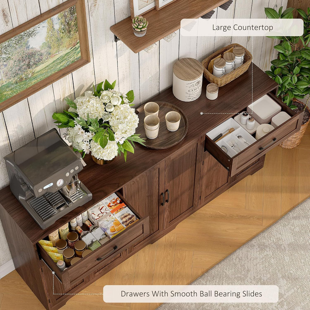 Whalefall 71" Farmhouse Sideboard Buffet Cabinet with Storage, Dark Brown | Large Coffee Bar with 2 Drawers & 6 Doors, Kitchen Credenza with Adjustable Shelves for Dining Room, Living Room TV Stand