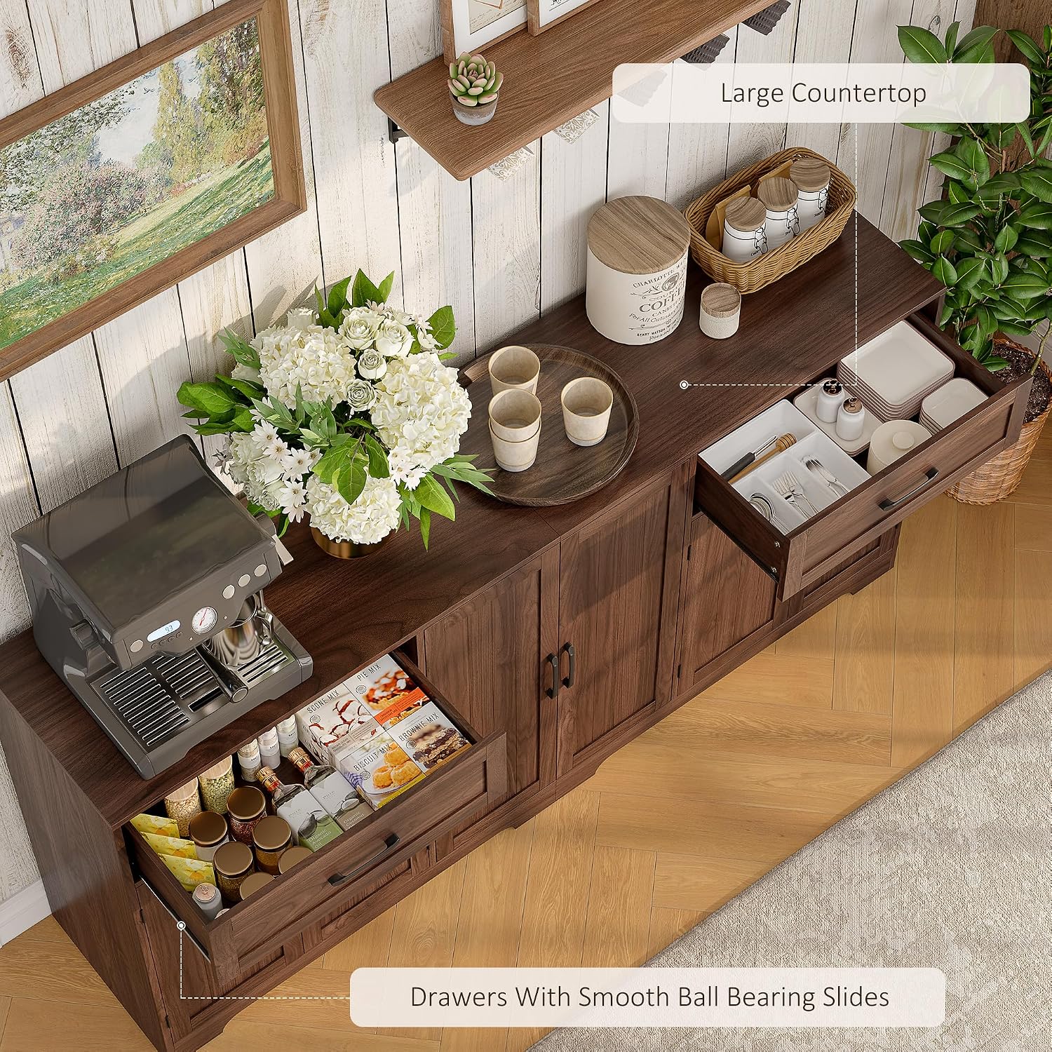 Whalefall 71" Farmhouse Sideboard Buffet Cabinet with Storage, Dark Brown | Large Coffee Bar with 2 Drawers & 6 Doors, Kitchen Credenza with Adjustable Shelves for Dining Room, Living Room TV Stand