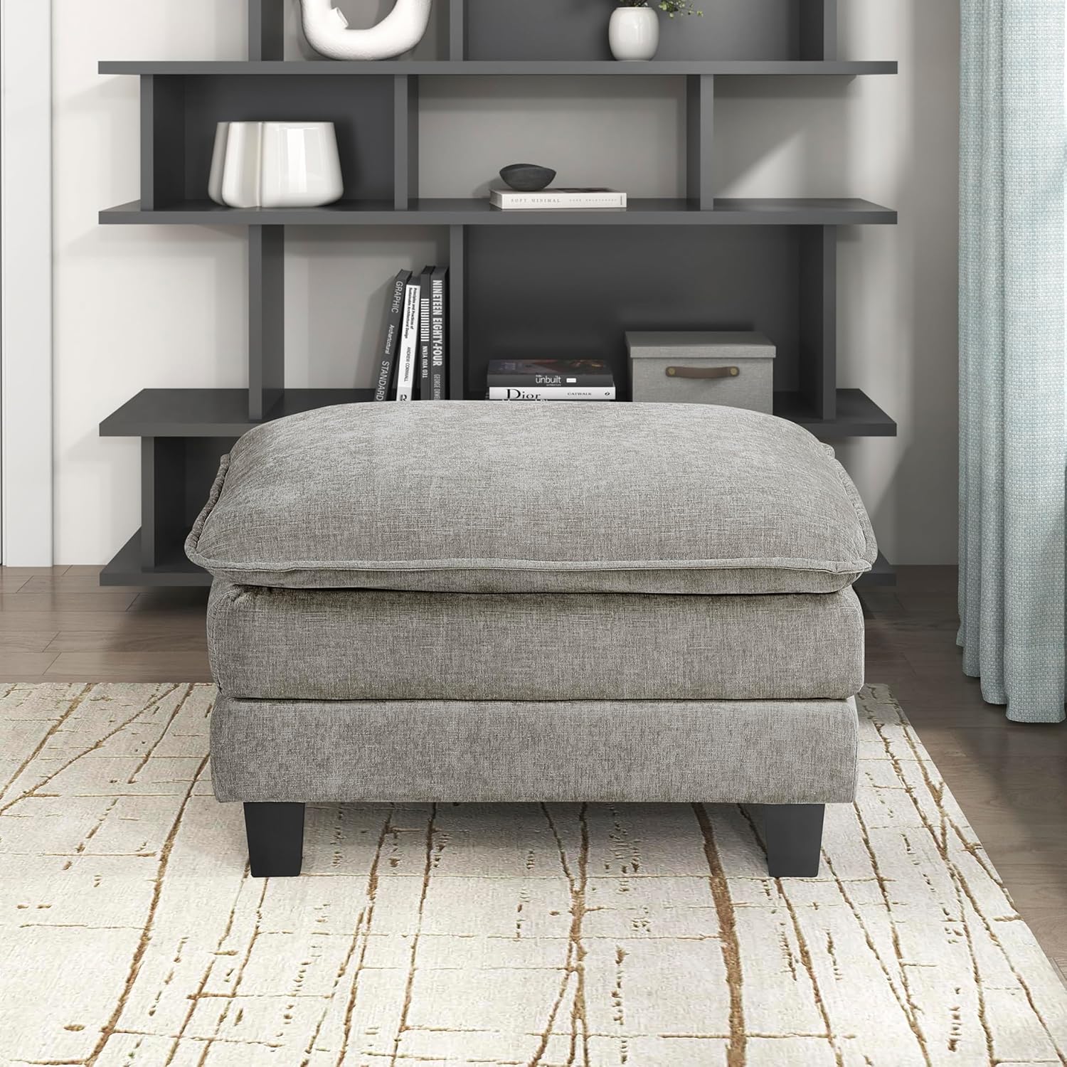 Lexicon Chenille Upholstered Rectangle Ottoman, Foot Stool, Black Faux Wood Feet, Durable Frame, Large Padded, Modular Sectional Couch Add Ons for Living Room, Bedroom, Assembly Required, Dark Pewter