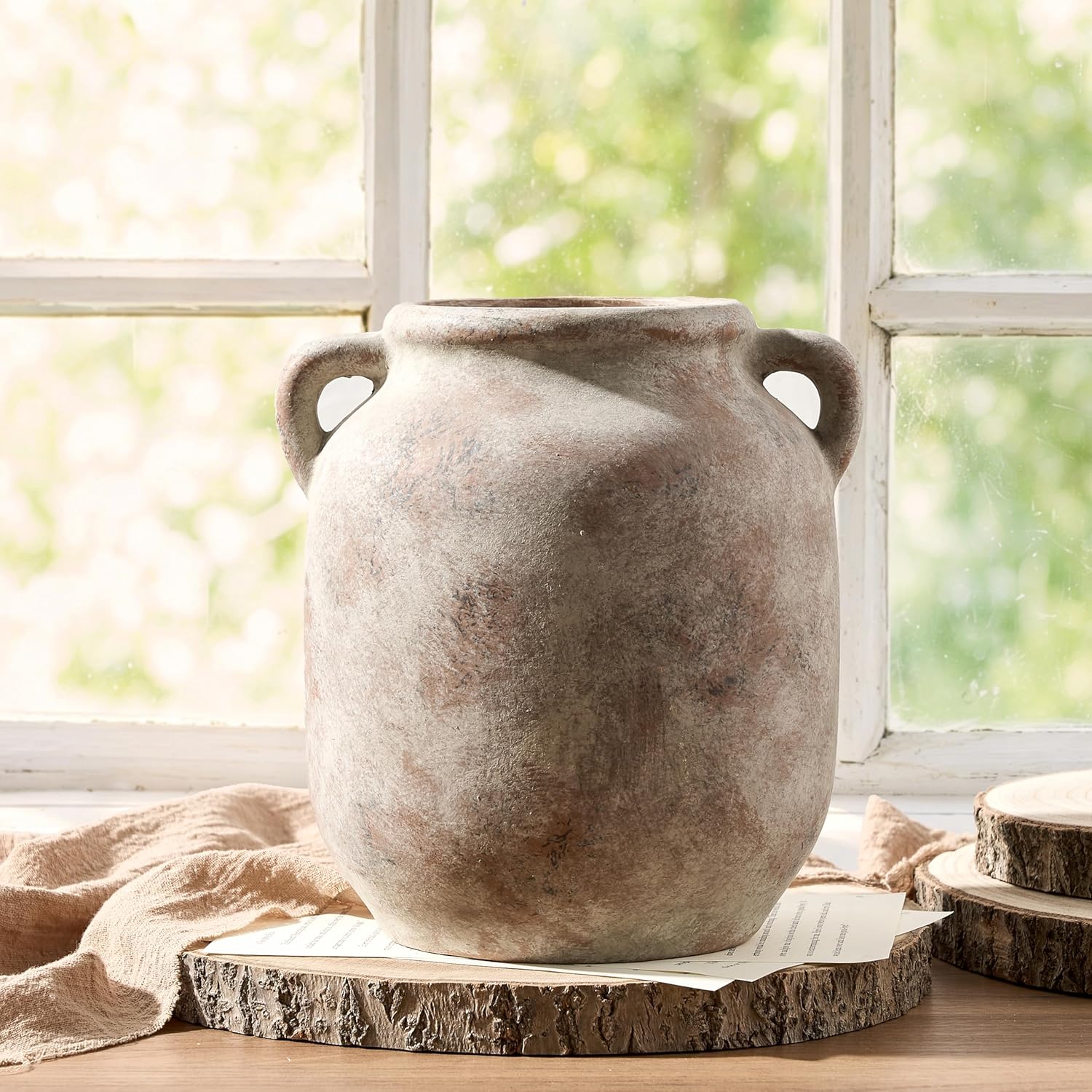 Ceramic Flower Vase Home Decor - 7.6 Inch Farmhouse Rustic Table Vases with Handle Living Room Decoration Decorative Vintage Pottery for Kitchen Shelf Coffee Dining Bookshelf Fireplace Centerpiece