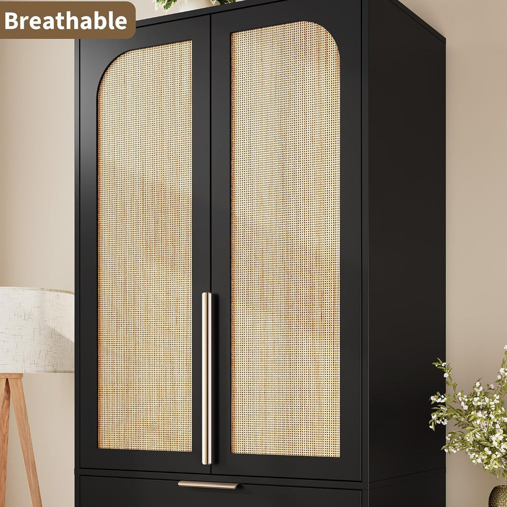 Garvee 70" Wardrobe Armoire Wooden Closet with 2 Doors and 3 Drawers, Black