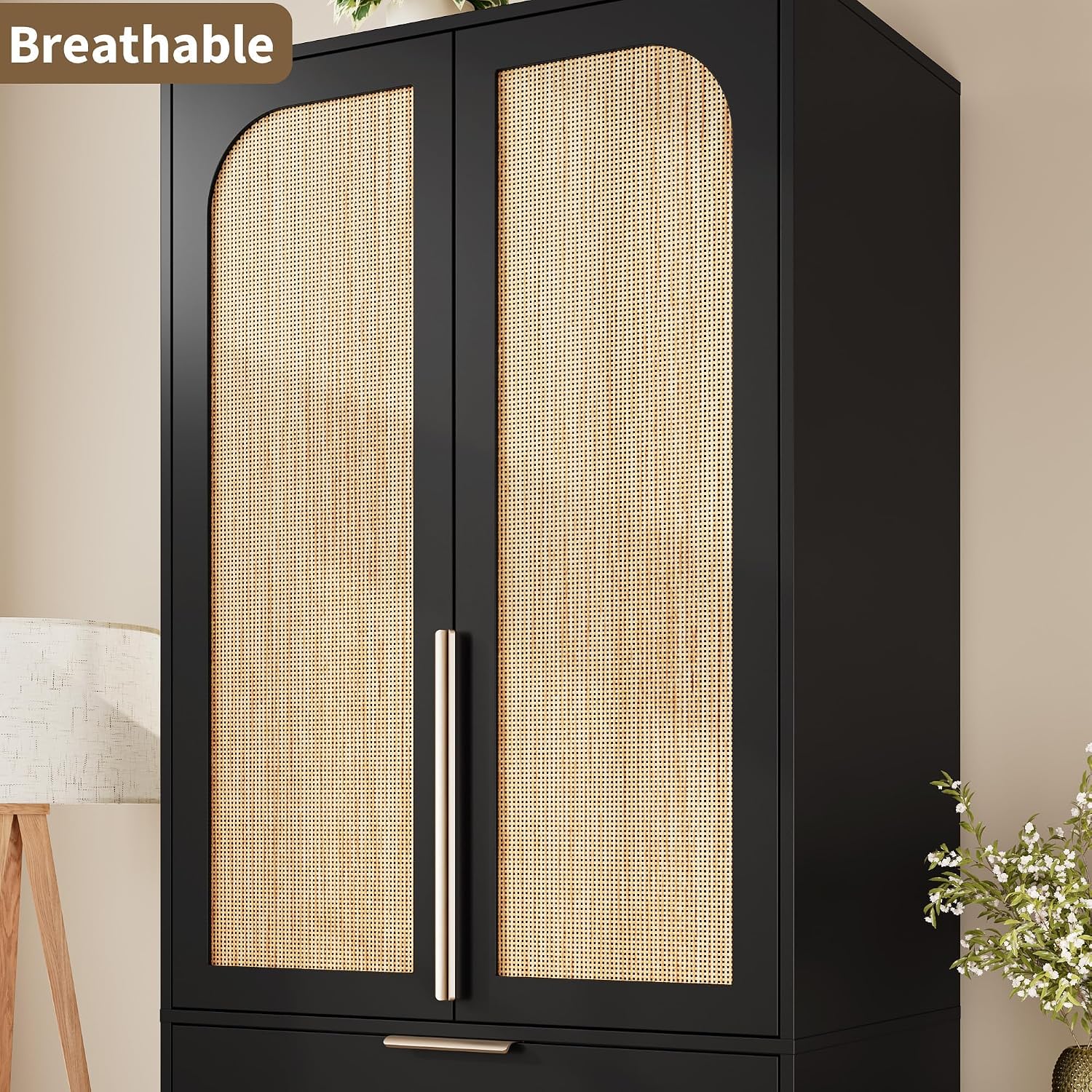 Garvee 70" Wardrobe Armoire Wooden Closet with 2 Doors and 3 Drawers, Black